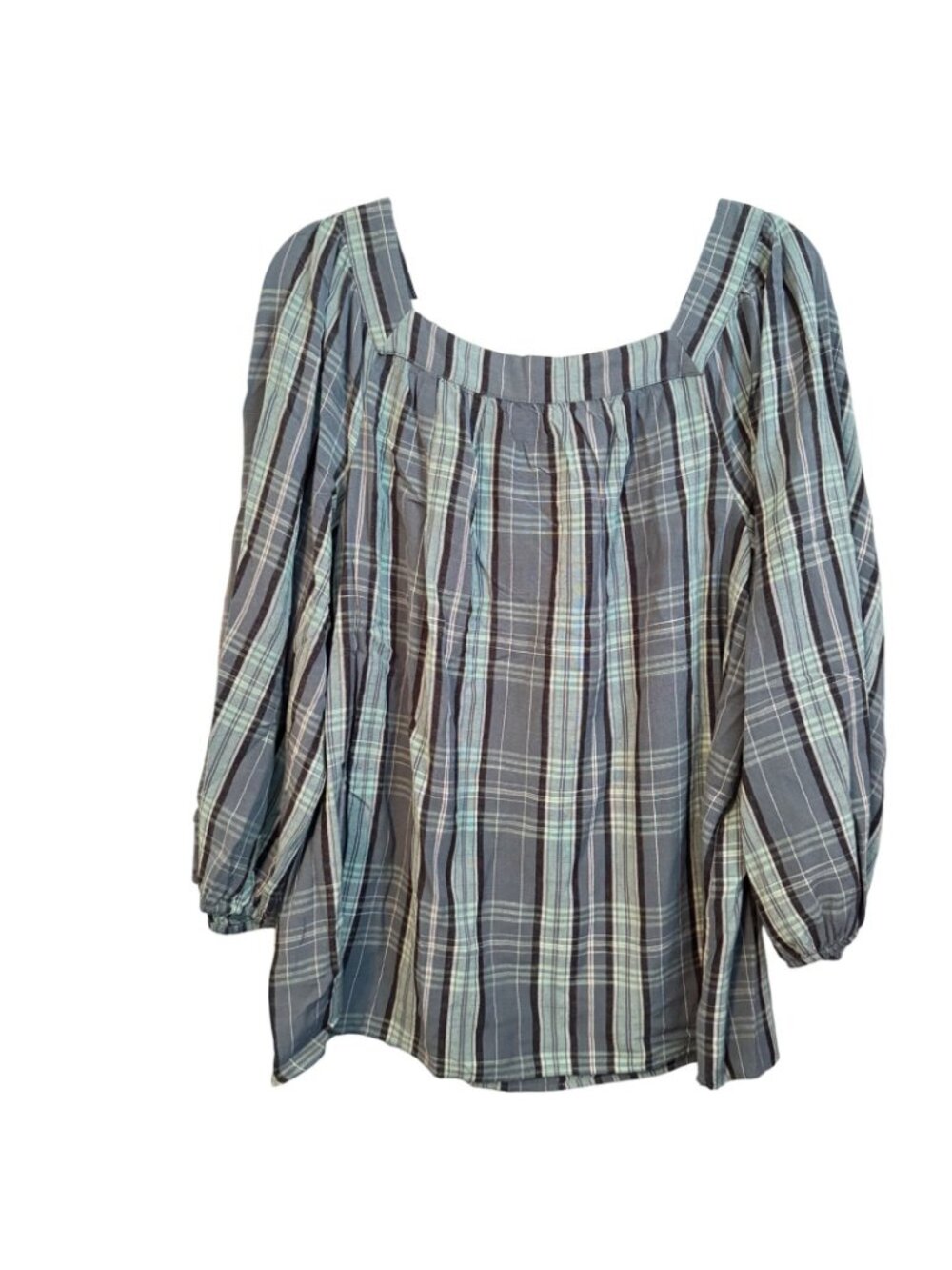 Lauren Conrad Sz L Plaid Square Neck Blouse Long Sleeve Lightweight Blouse - Picture 8 of 12